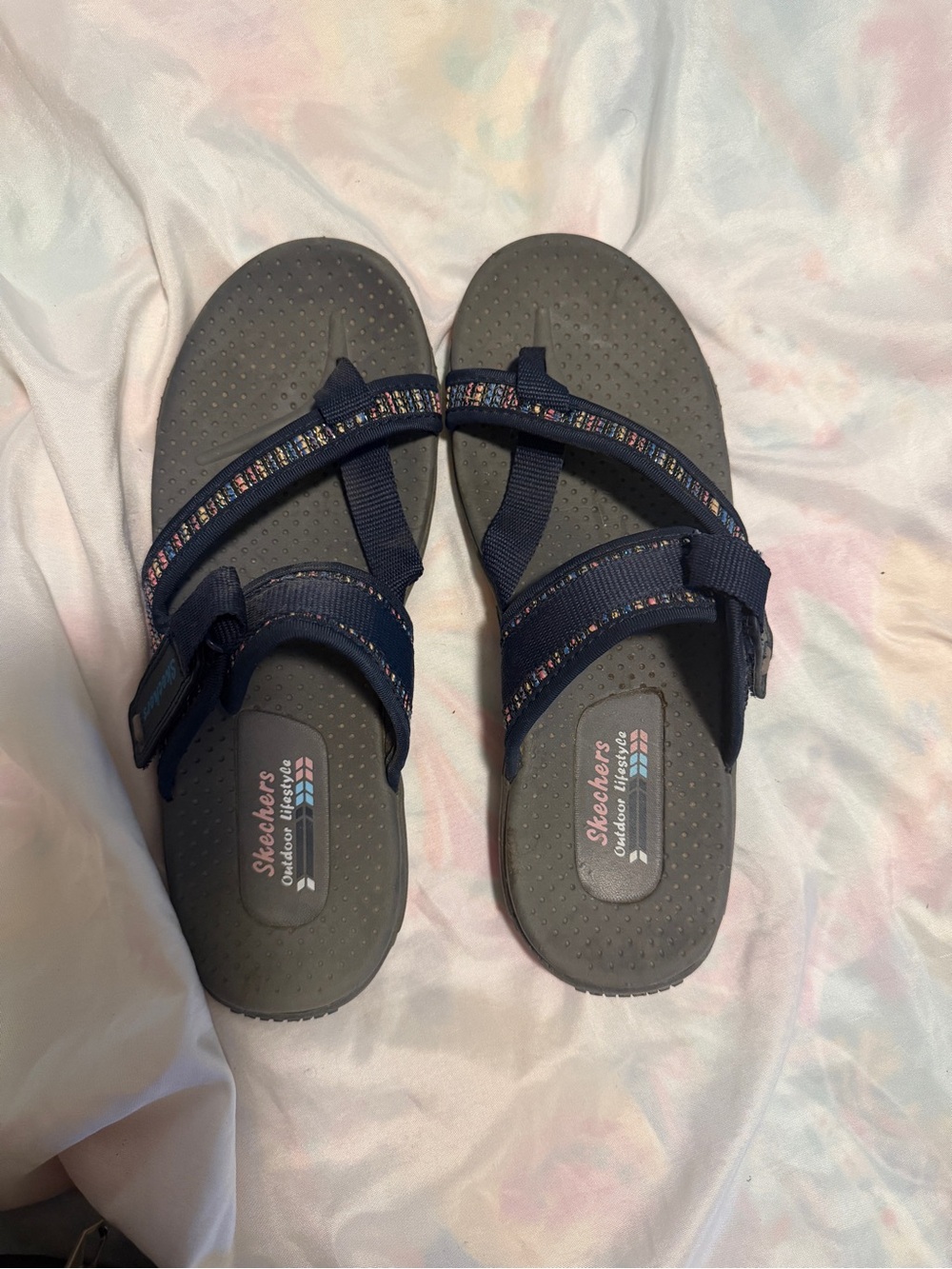 Skechers Navy Slide Sandals with Multicolor Trim